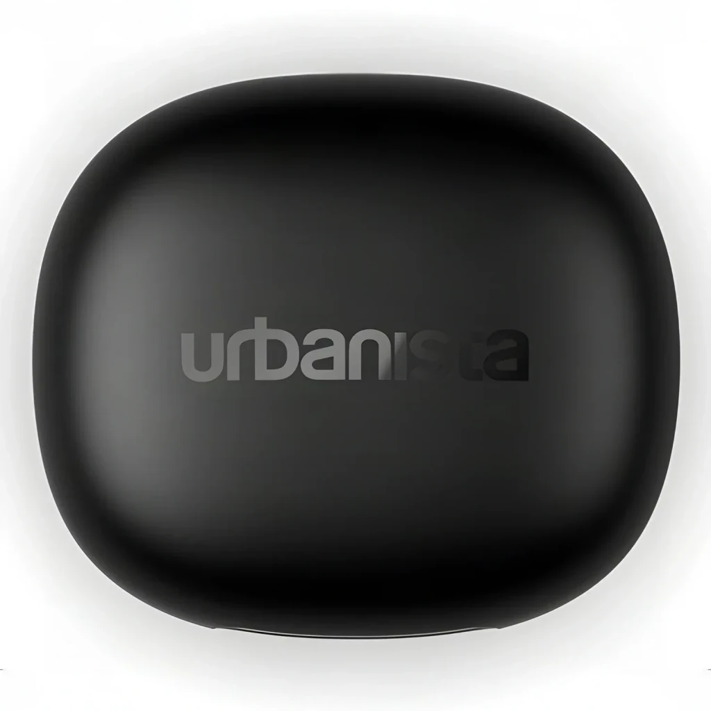 Écouteurs Urbanista Santa Monica Réduction de Bruit Adaptative TWS, en utilisation: étui noir mat fermé, vue du dessus