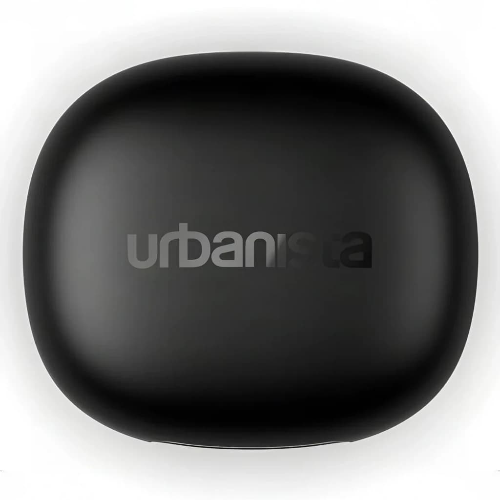 Écouteurs Urbanista Santa Monica Réduction de Bruit Adaptative TWS, en utilisation: étui noir mat fermé, vue du dessus