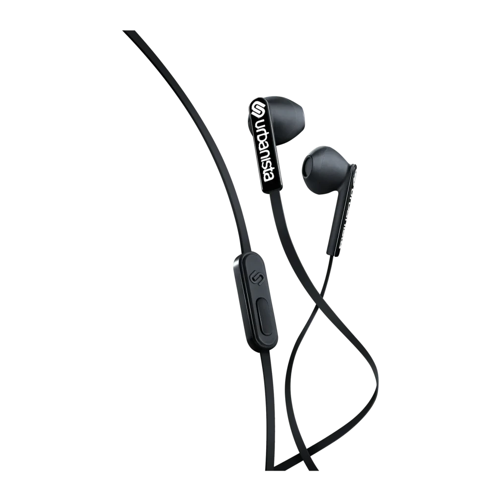 Auriculares Urbanista San Francisco In-Ear Jack 3,5mm, vista frontal: auriculares negros con mando en cable y logo Urbanista