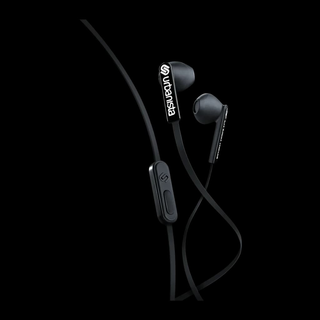 Auriculares Urbanista San Francisco In-Ear Jack 3,5mm, vista frontal: auriculares negros con mando en cable y logo Urbanista