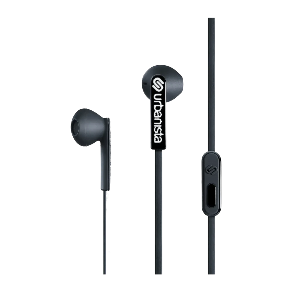Auriculares Urbanista San Francisco In-Ear Jack 3,5mm, detalle: logo Urbanista en cápsula y mando en línea con cable plano