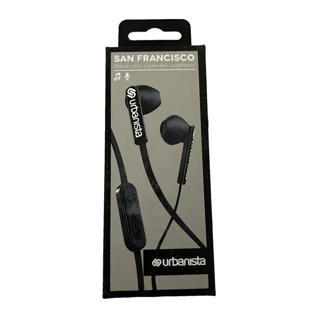 Auriculares Urbanista San Francisco In-Ear Jack 3,5mm, contenido de la caja: packaging negro con auriculares y mando