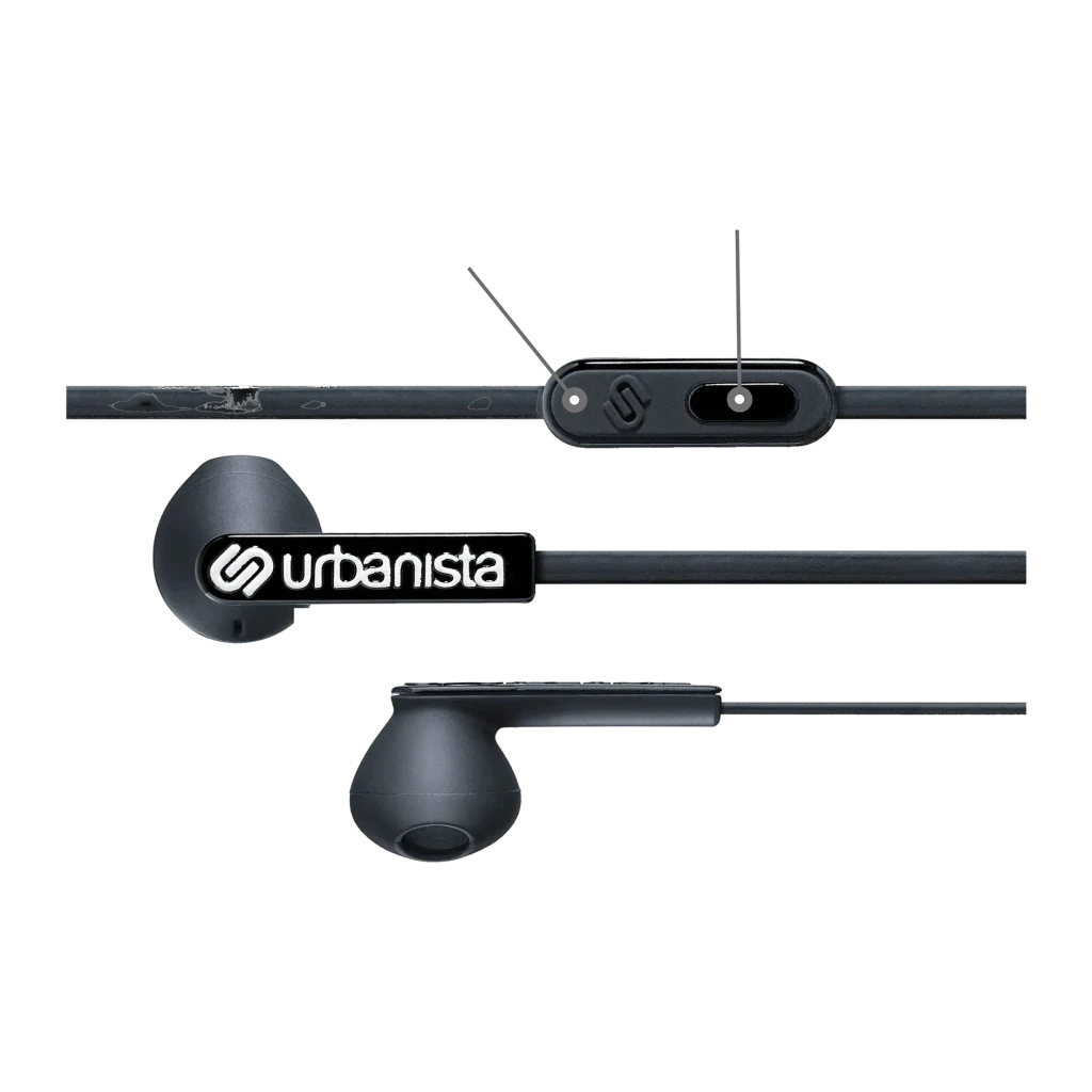 Auriculares Urbanista San Francisco In-Ear Jack 3,5mm, detalle: auriculares negros con logo, mando en línea y micrófono