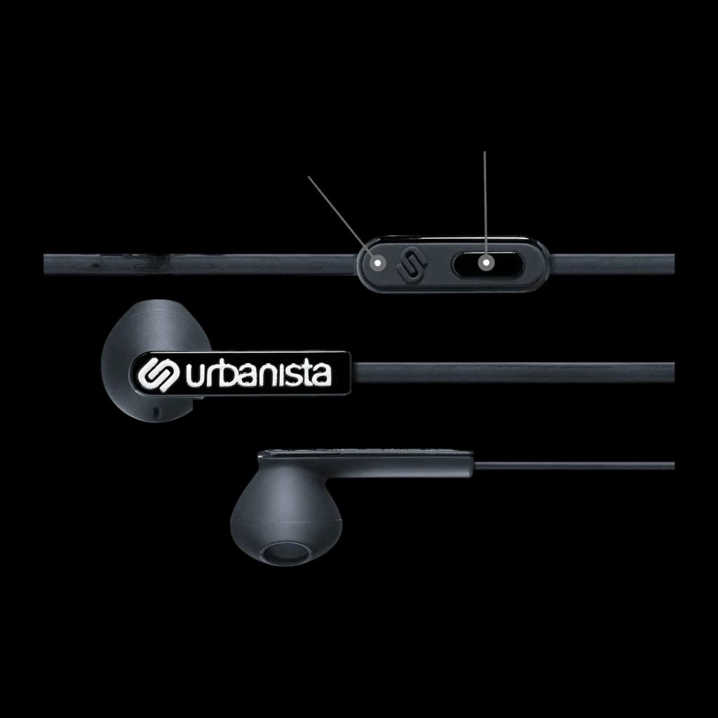 Auriculares Urbanista San Francisco In-Ear Jack 3,5mm, detalle: auriculares negros con logo, mando en línea y micrófono
