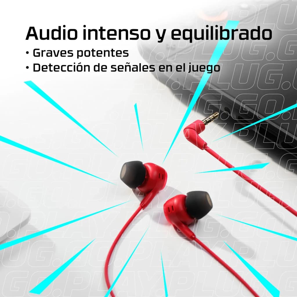 Auriculares HyperX Cloud Earbuds III In-Ear Jack rojos con cable conectado a consola portátil, vista detalle puntas negras