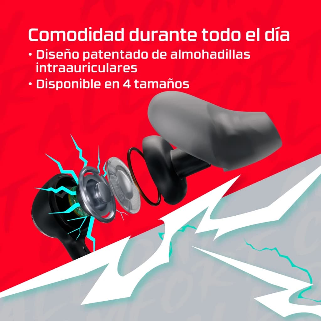 Auriculares HyperX Cloud Earbuds III In-Ear Jack, vista explosionada: almohadillas patentadas en 4 tamaños y driver expuesto