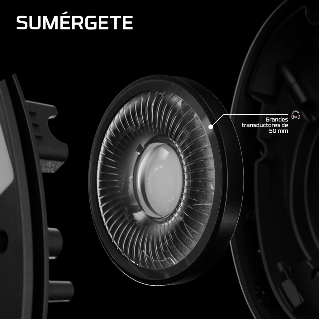 Auriculares Gaming HyperX Cloud Stinger 3 con Micrófono PC/PS5/Switch/Móvil, detalle: transductor de 50 mm en primer plano