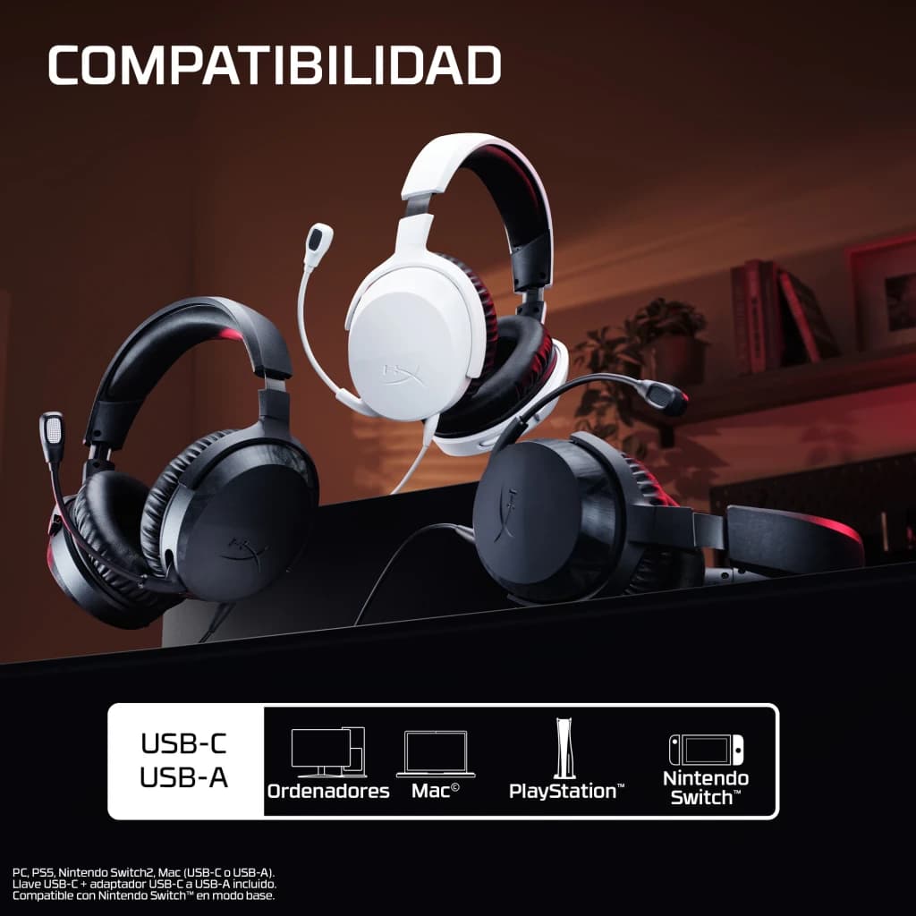Auriculares Gaming HyperX Cloud Stinger 3 con Micrófono PC/PS5/Switch/Móvil, compatibilidad: tres unidades en negro y blanco