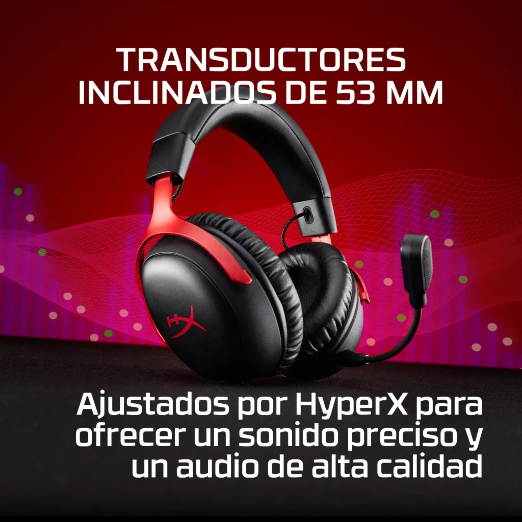 Auriculares Gaming HyperX Cloud III S Inalámbrico Micrófono, vista lateral: auricular negro y rojo con micrófono extensible