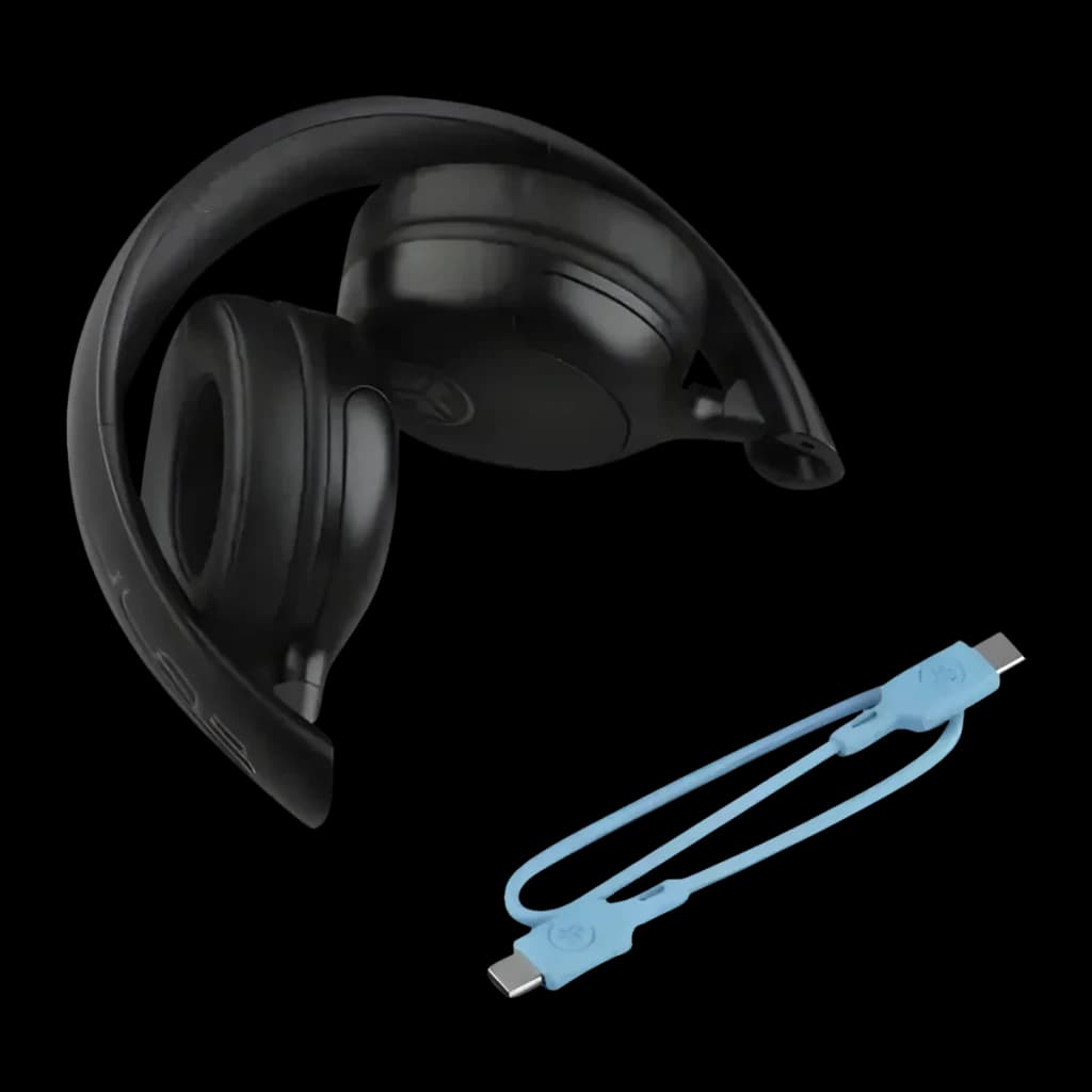 Auriculares JLab Audio Studio 2 Wireless Diadema On-Ear Bluetooth 5.4 negro, detalle: plegados en negro con cable USB-C azul