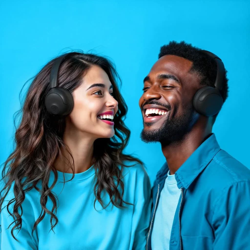 Auriculares JLab Audio Studio 2 Wireless Diadema On-Ear Bluetooth 5.4, en uso: dos personas sonriendo con auriculares negros