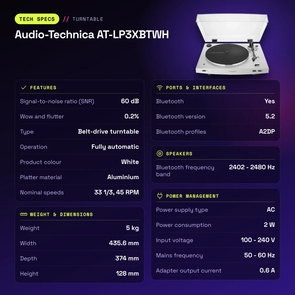 Platine vinyle Audio-Technica AT-LP3XBTWH Bluetooth 5.2 - caractéristiques