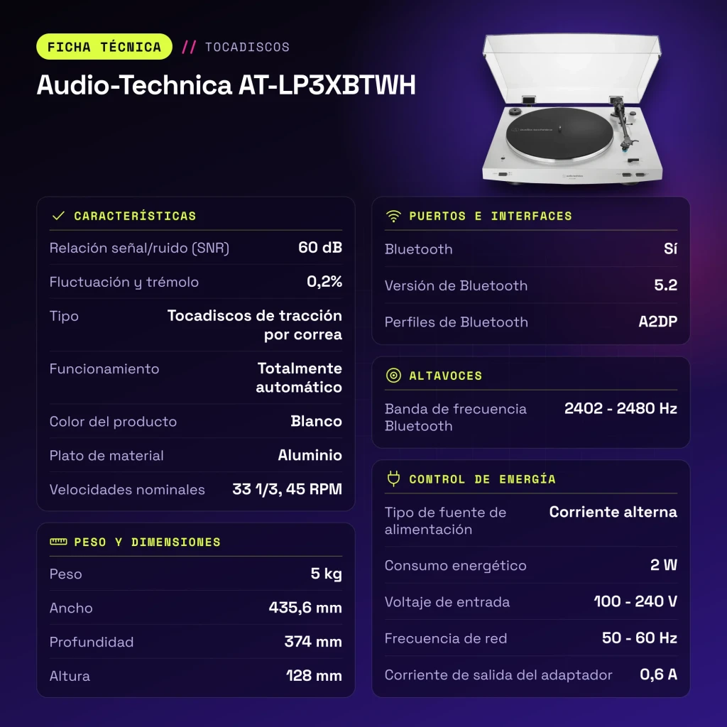 Platine vinyle Audio-Technica AT-LP3XBTWH Bluetooth 5.2 - caractéristiques