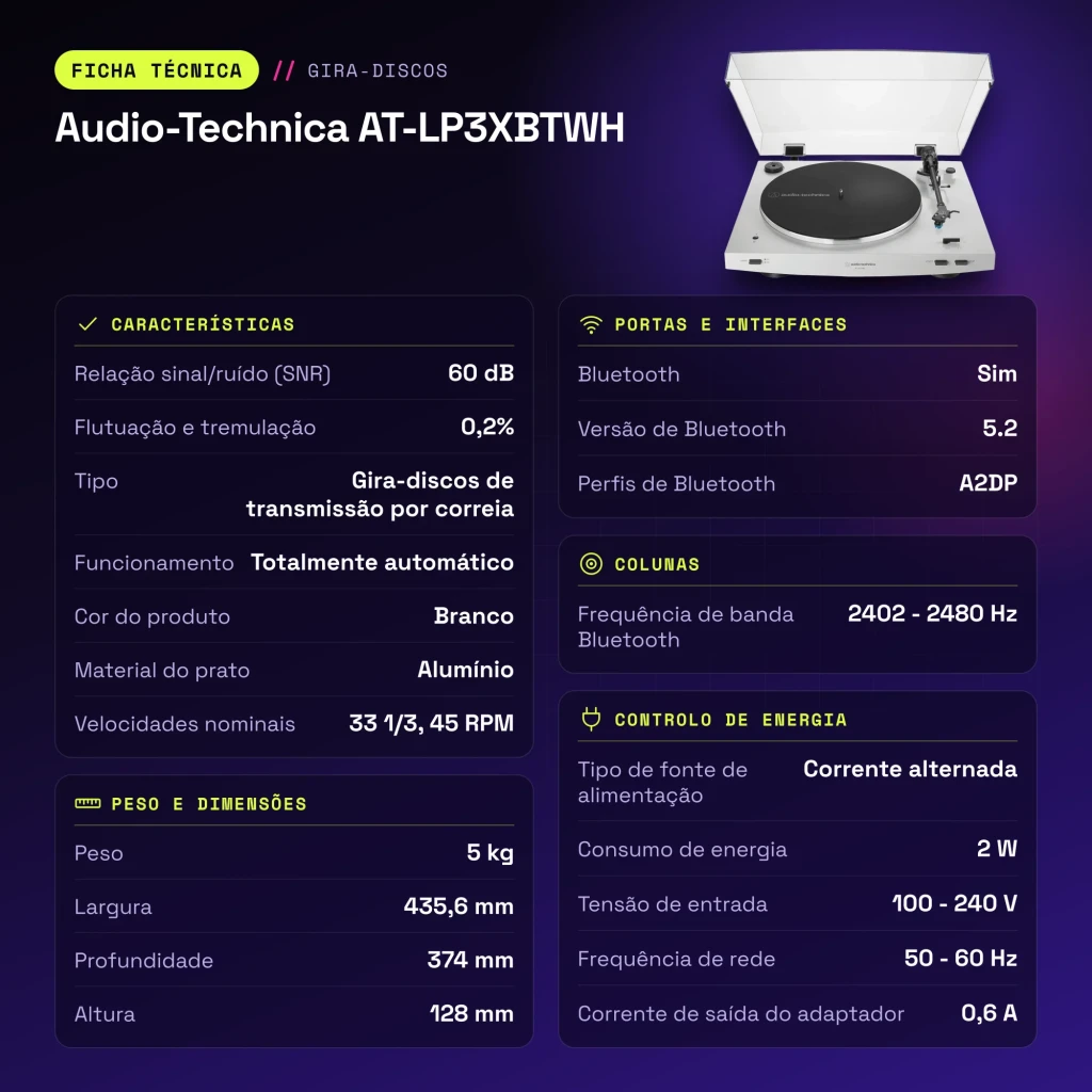 Platine vinyle Audio-Technica AT-LP3XBTWH Bluetooth 5.2 - caractéristiques