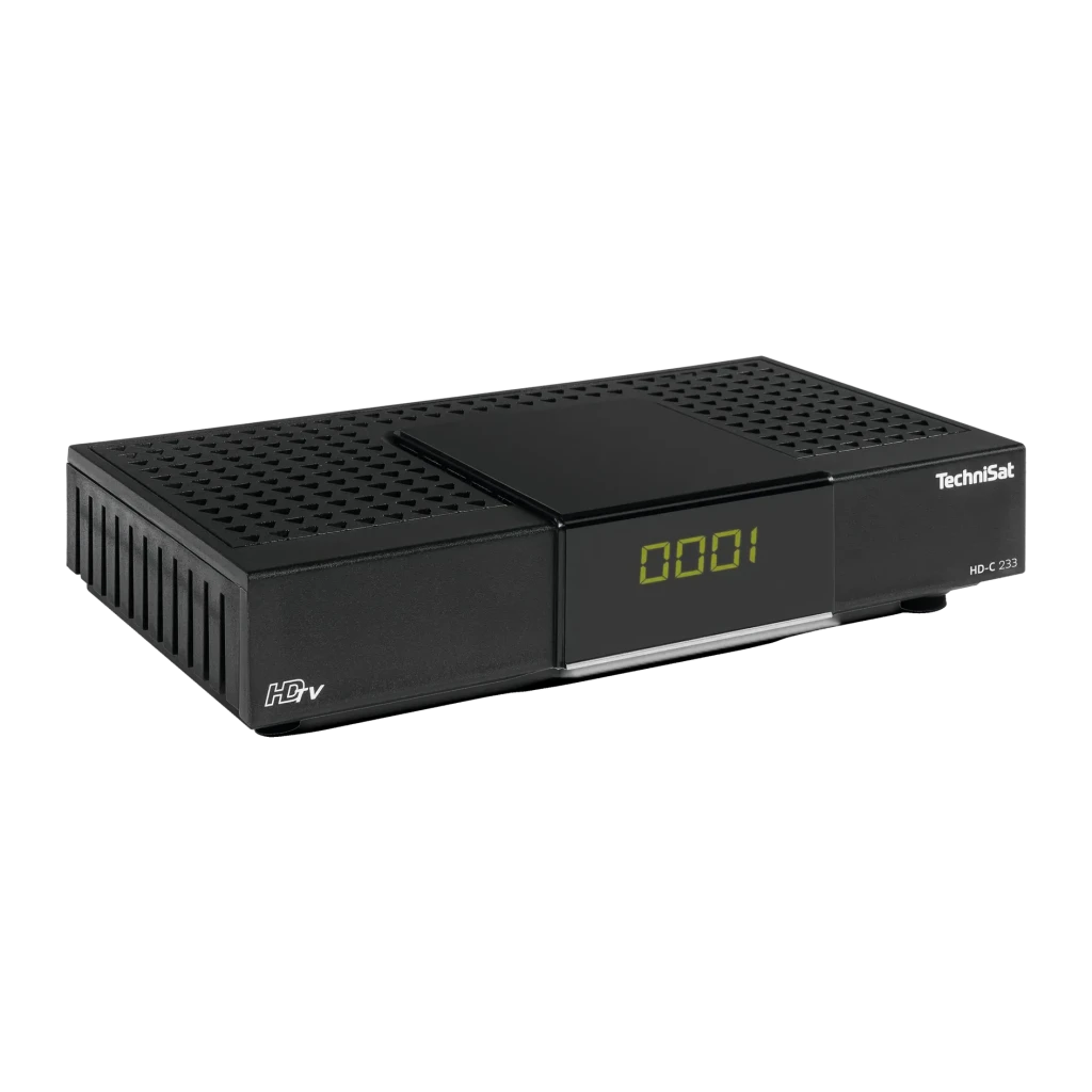 Receptor TechniSat HD-C 233 HD 1080p Cable DVB-C HDMI, USB, SCART, vista frontal en ángulo: display LED verde, rejilla