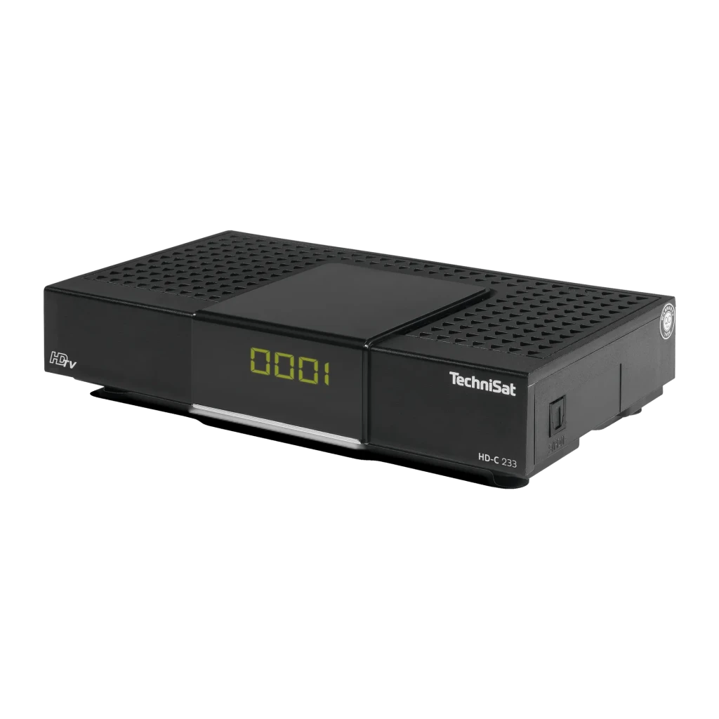 Receptor TechniSat HD-C 233 HD 1080p Cable DVB-C HDMI, USB, SCART, vista frontal lateral: display LED verde, rejilla