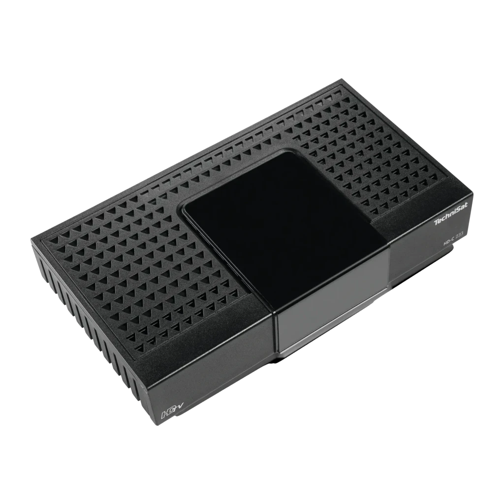 Receptor TechniSat HD-C 233 HD 1080p Cable DVB-C HDMI, USB, SCART, vista diagonal superior: carcasa negra con rejilla