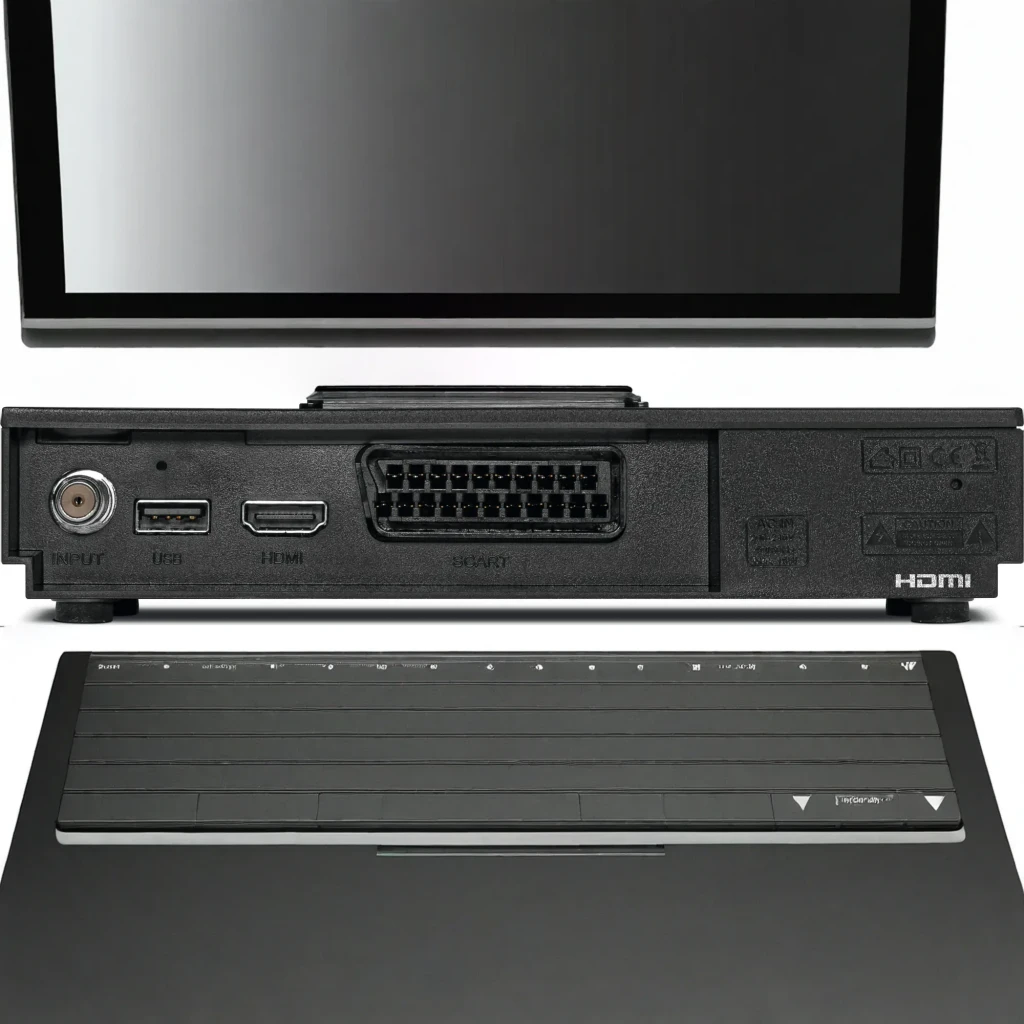 Receptor TechniSat HD-C 233 HD 1080p Cable DVB-C HDMI, USB, SCART, en uso: panel trasero con puertos USB, HDMI y SCART junto