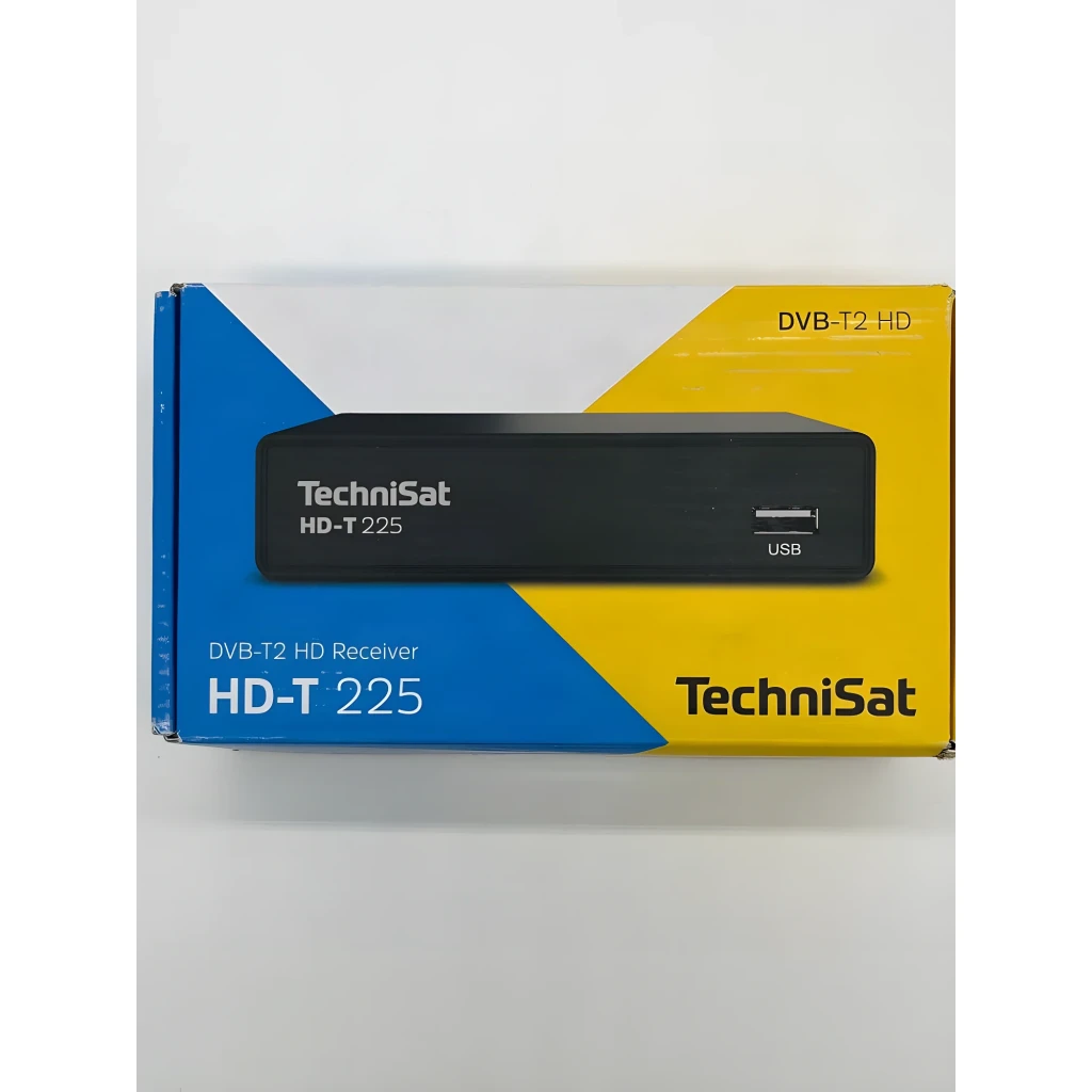 Receptor TechniSat DIGIT HD-T 225 HD TDT DVB-T2 HDMI USB, contenido de la caja: caja azul y amarilla con receptor negro