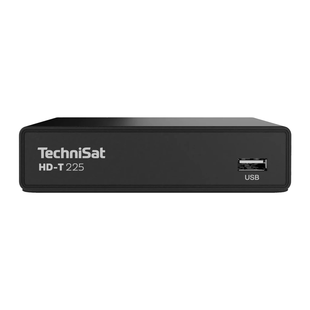 Receptor TechniSat DIGIT HD-T 225 HD TDT DVB-T2 HDMI USB, detalle frontal: panel negro con logo TechniSat, modelo HD-T 225