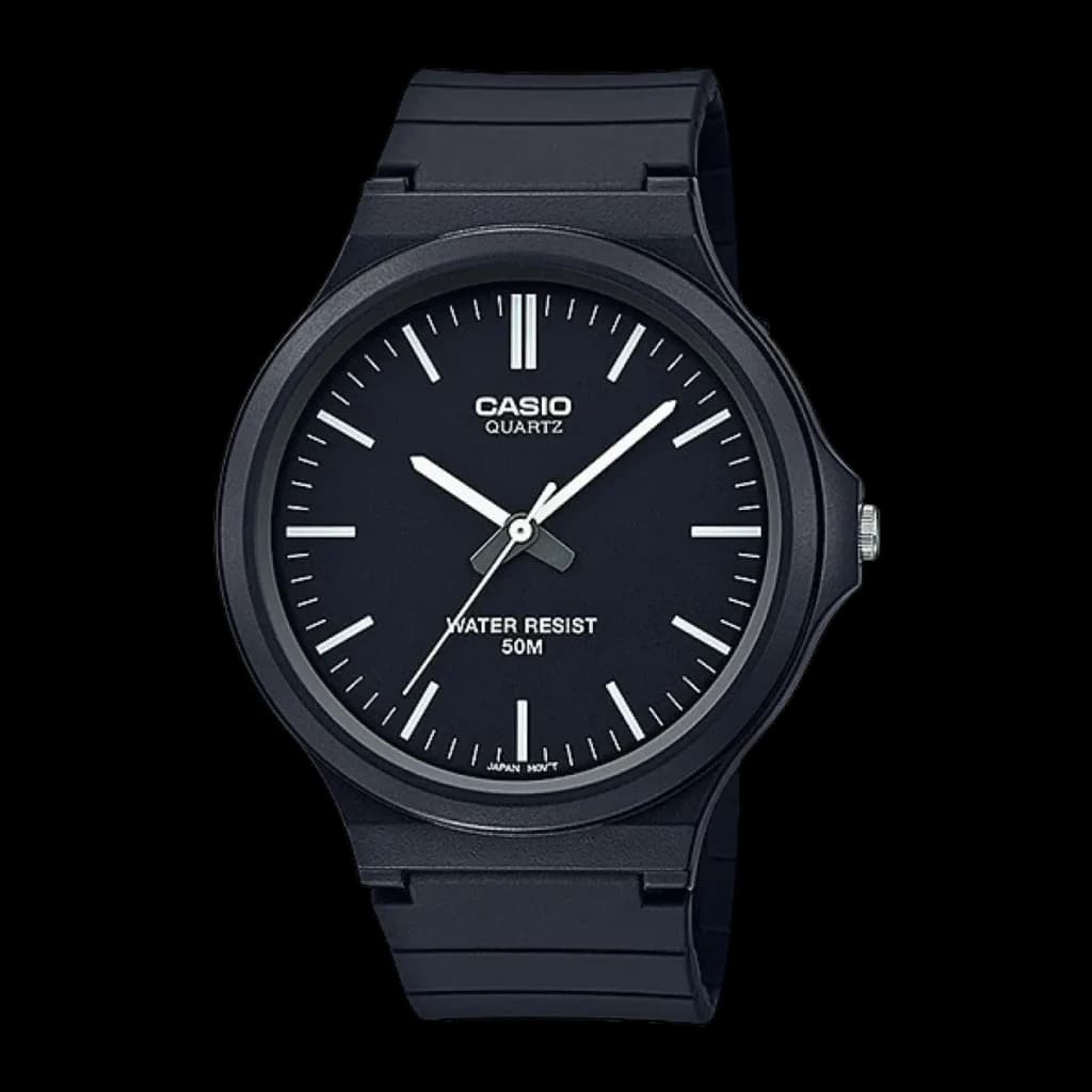 Casio MW-240-1EVDF Batterie 3 Ans 5ATM, vue de face: cadran noir avec index blancs, aiguilles et texte Water Resist 50M