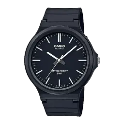 Casio MW-240-1EVDF Batterie 3 Ans 5ATM, vue de face: cadran noir avec index blancs, aiguilles et texte Water Resist 50M