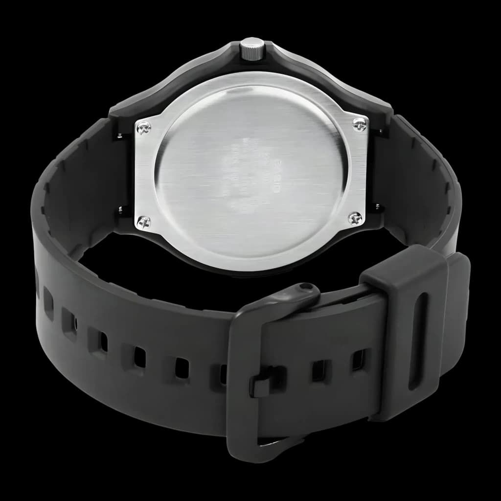 Casio MW-240-1EVDF Batterie 3 Ans 5ATM, vue arrière: fond de boîtier métal brossé avec vis et bracelet résine noir