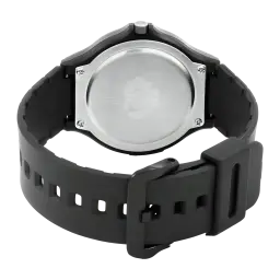Casio MW-240-1EVDF Batterie 3 Ans 5ATM, vue arrière: fond de boîtier métal brossé avec vis et bracelet résine noir