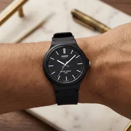 Casio MW-240-1EVDF Batterie 3 Ans 5ATM, en utilisation: montre noire au poignet, cadran noir avec index blancs et texte