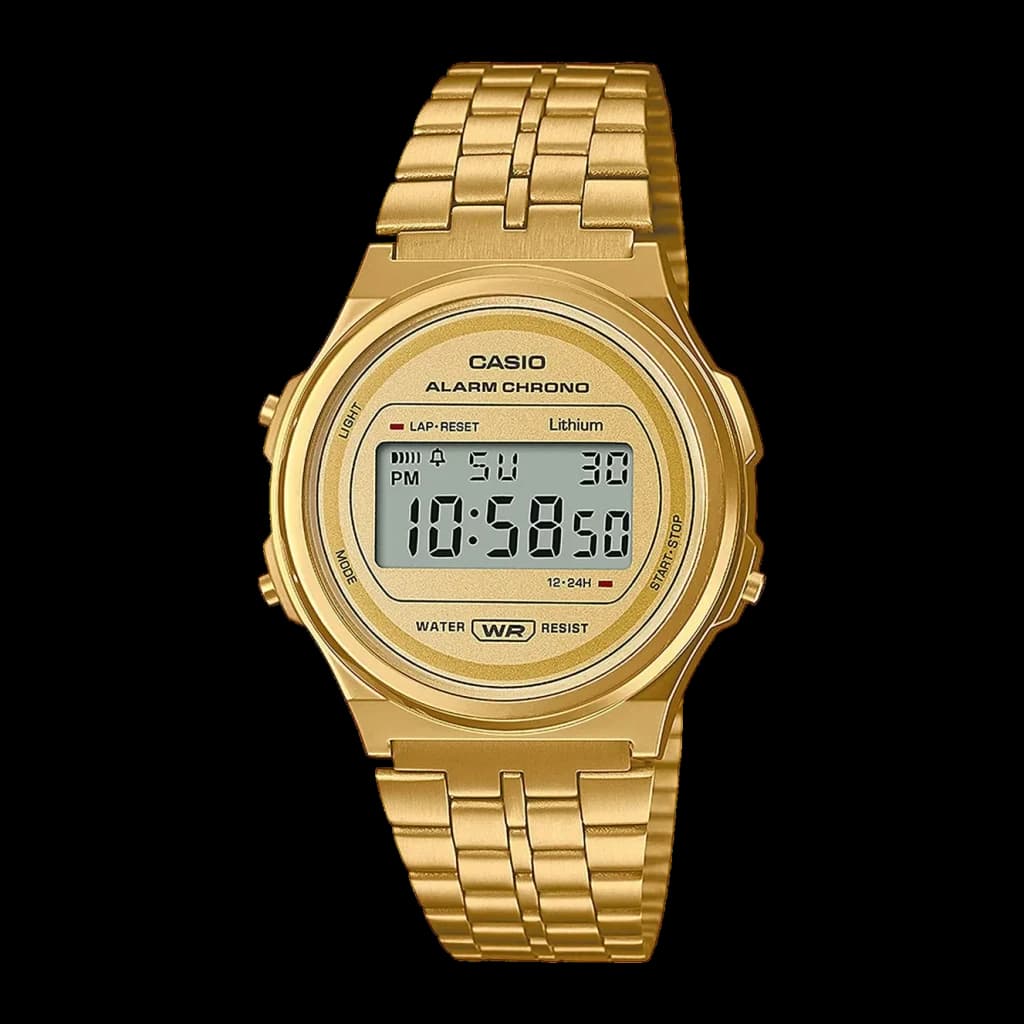 Casio Vintage A171WEG-9AEF Batterie 7 Ans Résistante à l'eau, vue de face: boîtier rond doré avec écran LCD numérique