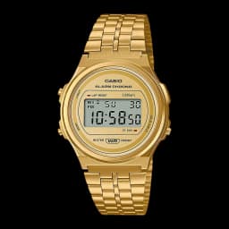 Casio Vintage A171WEG-9AEF Batterie 7 Ans Résistante à l'eau, vue de face: boîtier rond doré avec écran LCD numérique
