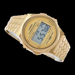 Casio Vintage A171WEG-9AEF Batterie 7 Ans Résistante à l'eau, détail: cadran doré avec écran LCD, inscription Alarm Chrono