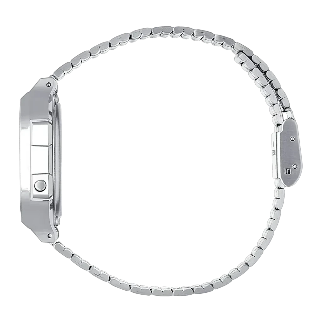 Casio Vintage A168WEM-1EF Bateria 7 Anos À prova de água, detalhe: vista lateral da caixa e bracelete metálico prateado