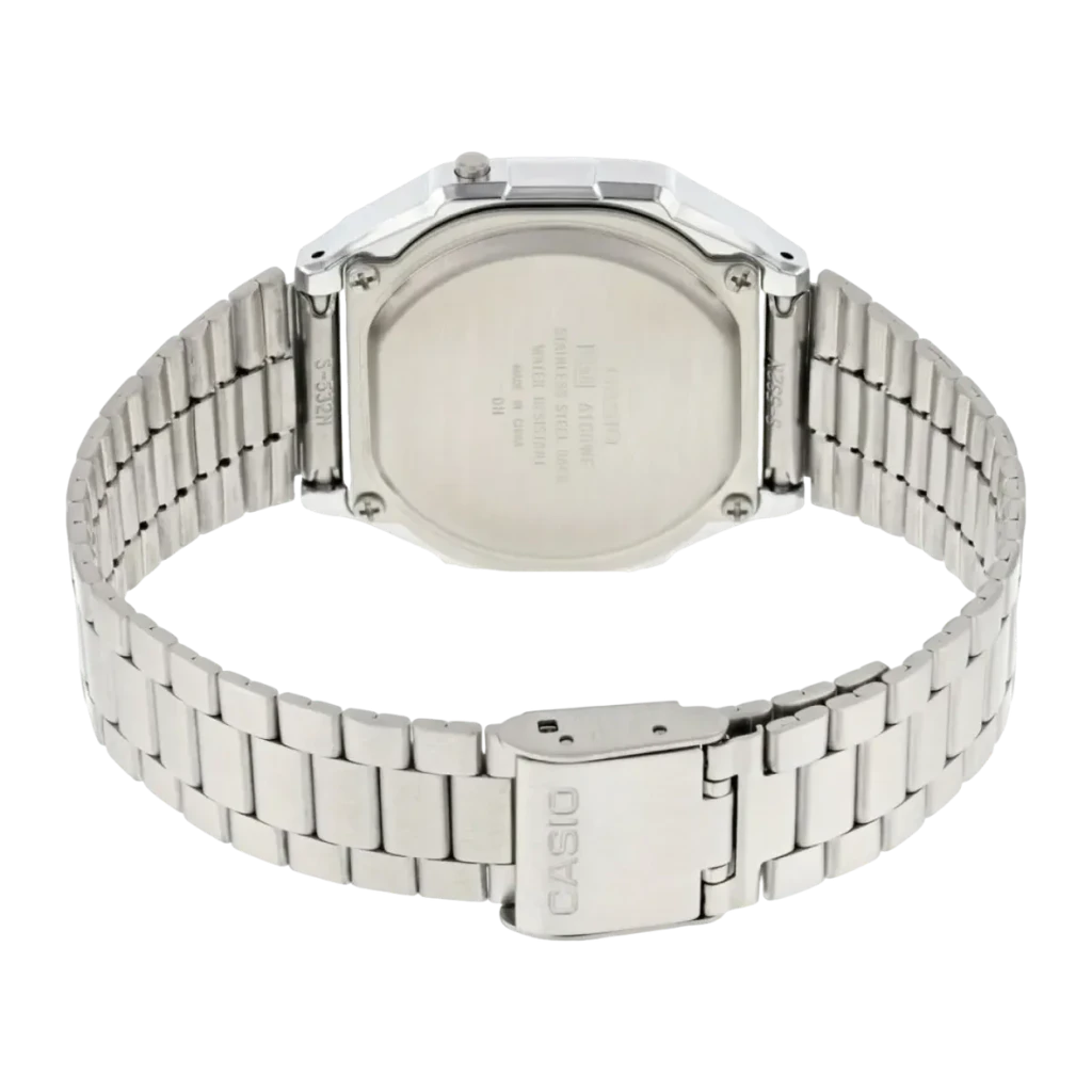 Casio Vintage A168WEM-1EF Bateria 7 Anos À prova de água, vista traseira: caixa prateada com tampa gravada e bracelete