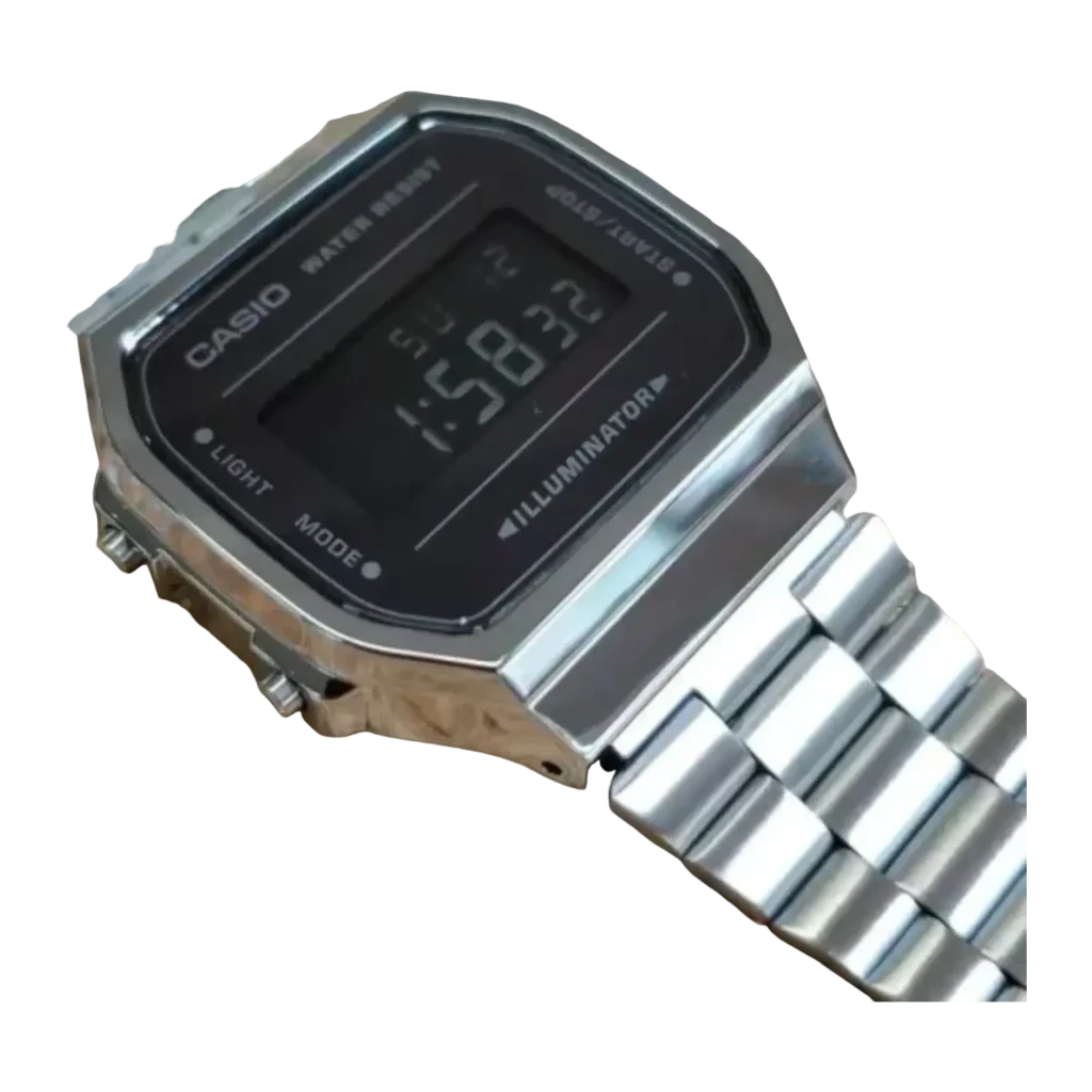 Casio Vintage A168WEM-1EF Bateria 7 Anos À prova de água, detalhe: mostrador digital preto com display ativo e bracelete