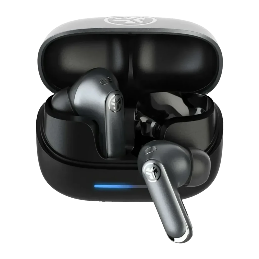 Auriculares JLab Audio Epic Pods ANC Cancelación de Ruido TWS Bluetooth 60h, vista frontal: estuche abierto negro con LED