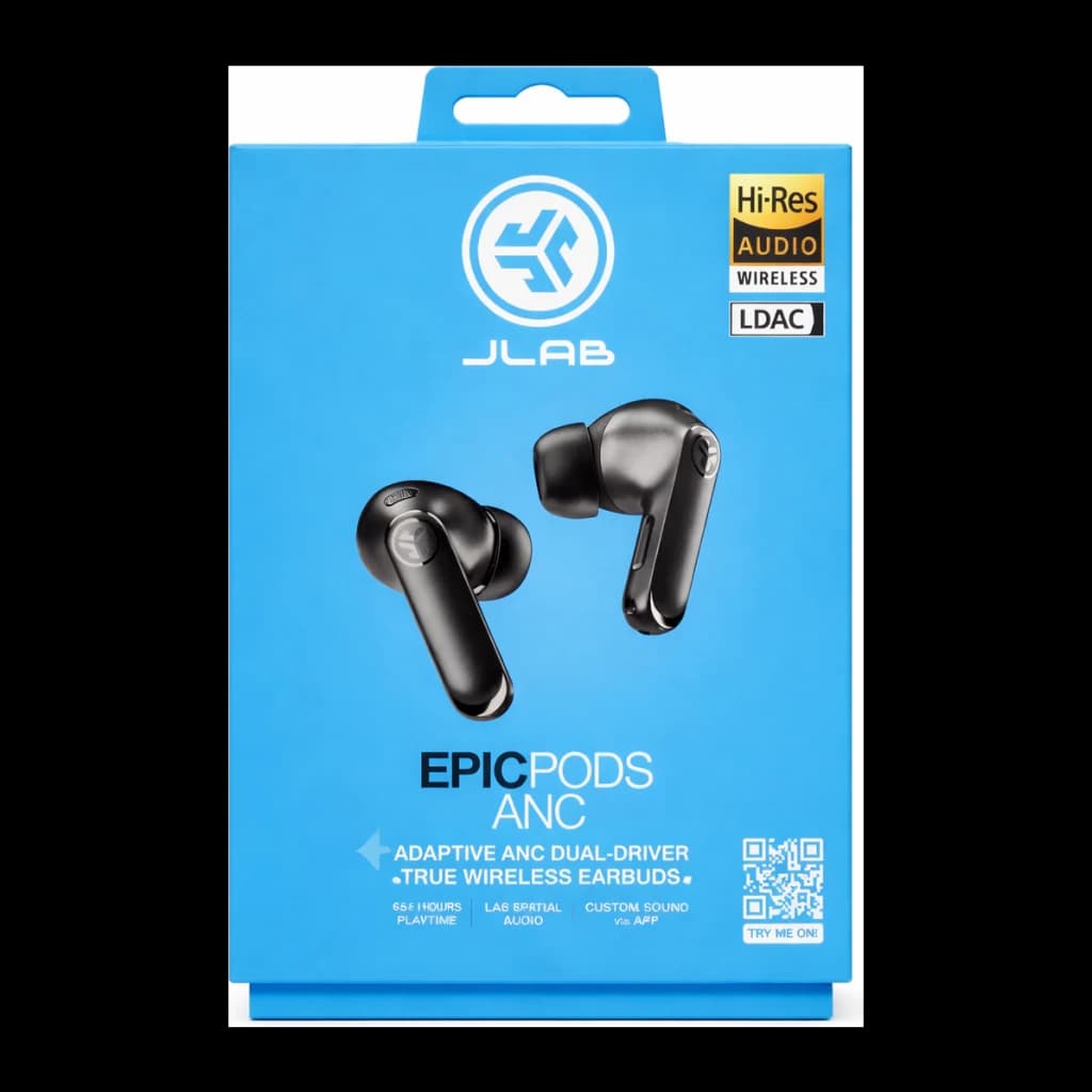Auriculares JLab Audio Epic Pods ANC Cancelación de Ruido TWS Bluetooth 60h, contenido de la caja: caja azul con auriculares