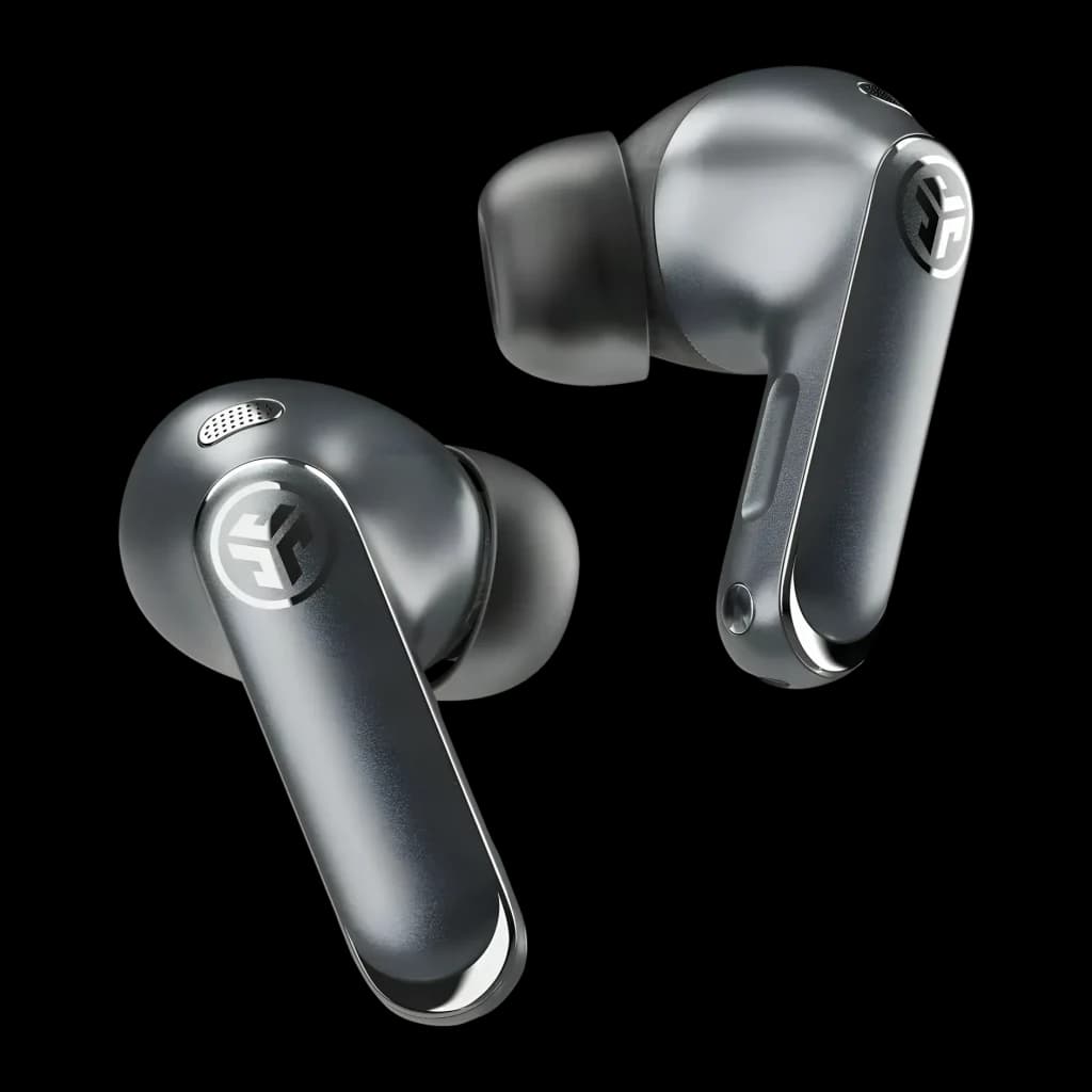 Auriculares JLab Audio Epic Pods ANC Cancelación de Ruido TWS Bluetooth 60h, detalle: logo JLab y micrófono en cuerpo gris