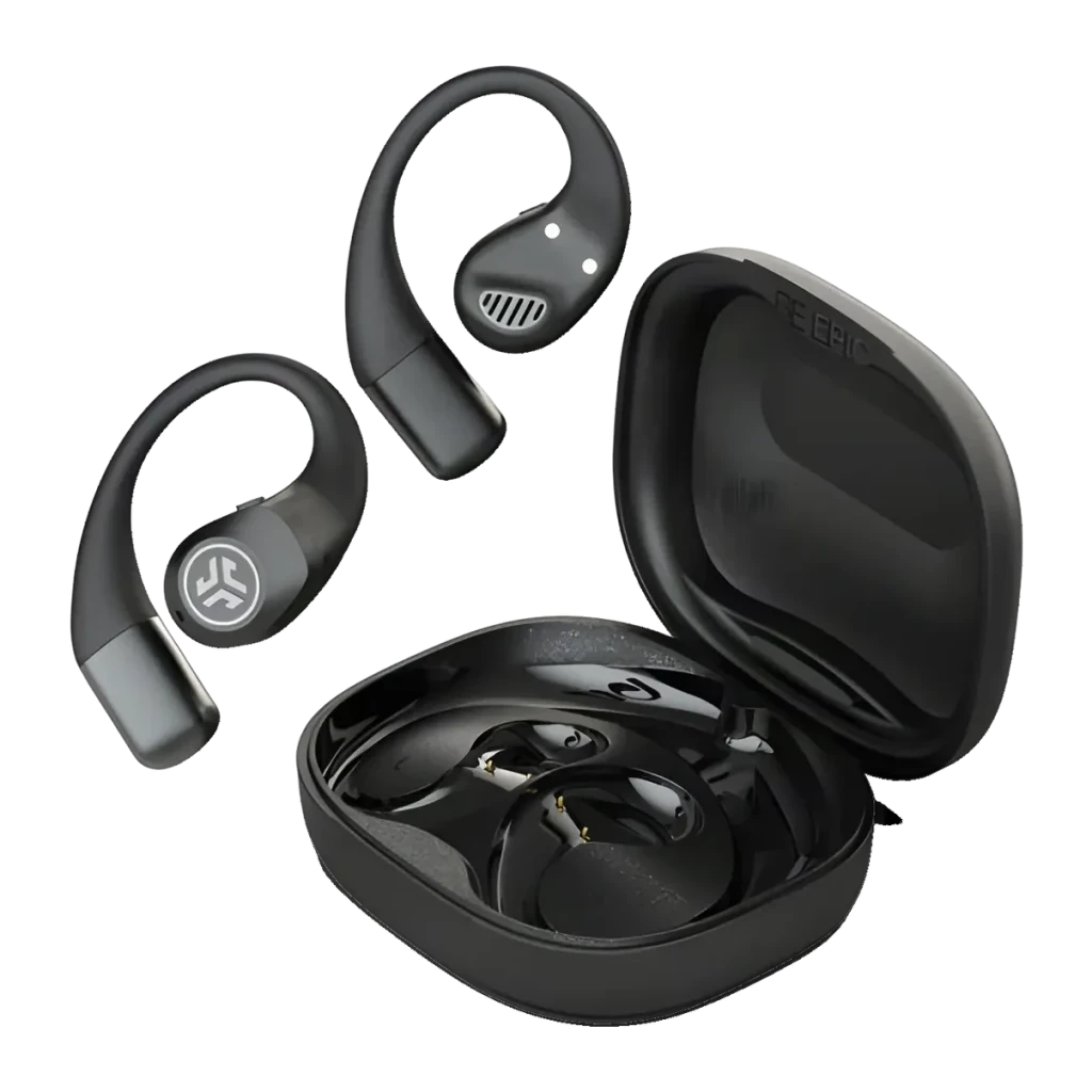 Auriculares JLab Audio Epic Open Sport Air Conduction Open-Ear TWS, vista principal: dos earbuds negros con gancho y estuche