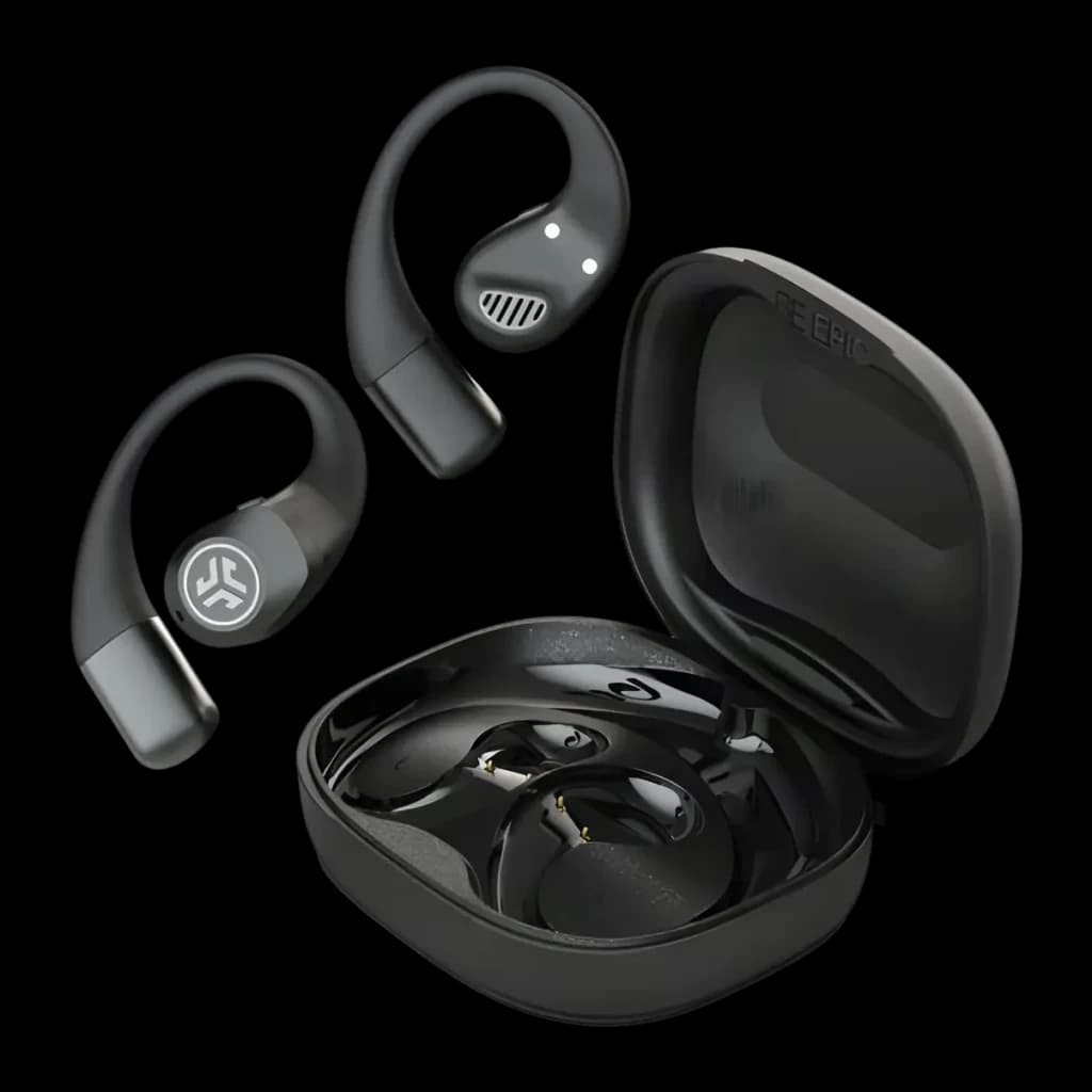 Auriculares JLab Audio Epic Open Sport Air Conduction Open-Ear TWS, vista principal: dos earbuds negros con gancho y estuche