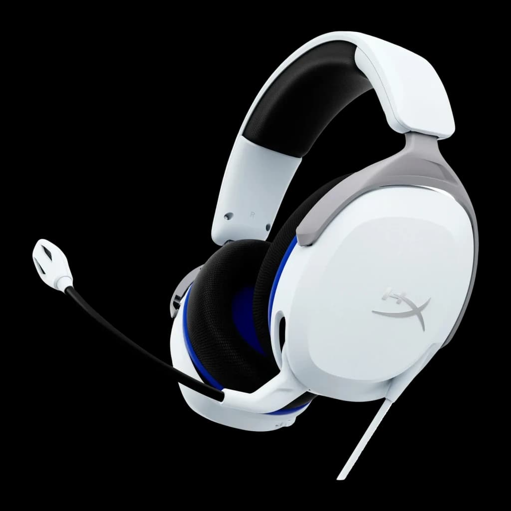 Auriculares Gaming HyperX Cloud Stinger 2 Core Micrófono Boom, vista frontal en ángulo: cuerpo blanco con detalles azules