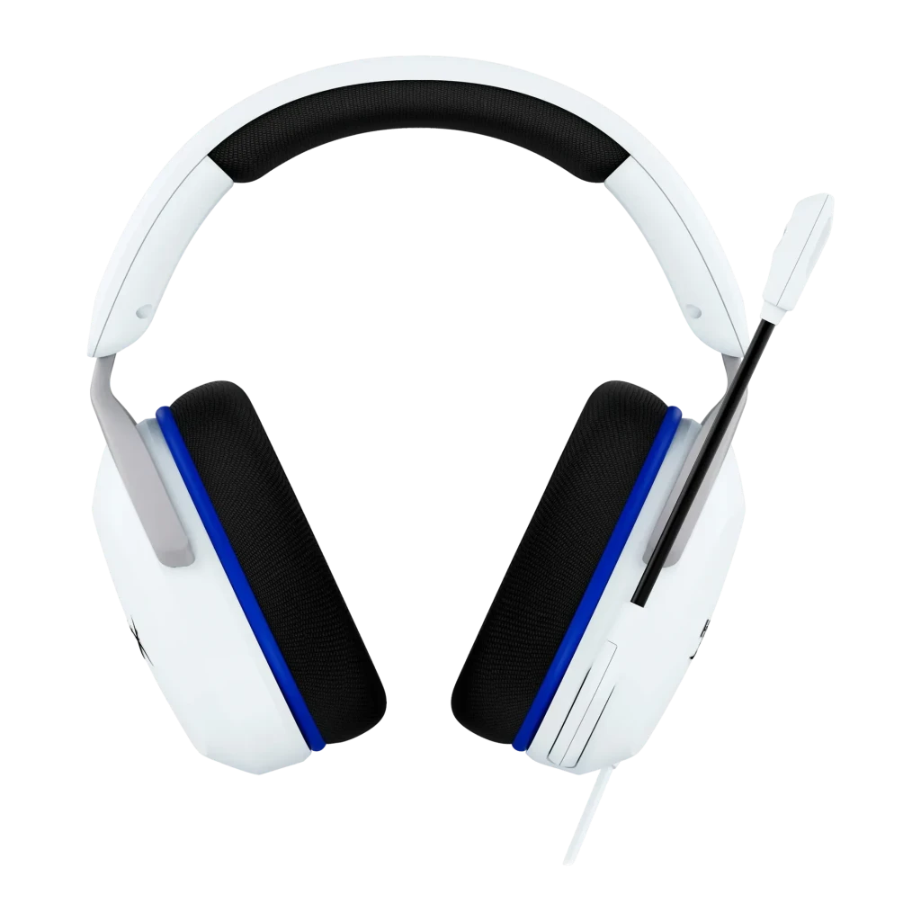 Auriculares Gaming HyperX Cloud Stinger 2 Core Micrófono Boom, vista frontal: almohadillas negras, aro blanco con franja