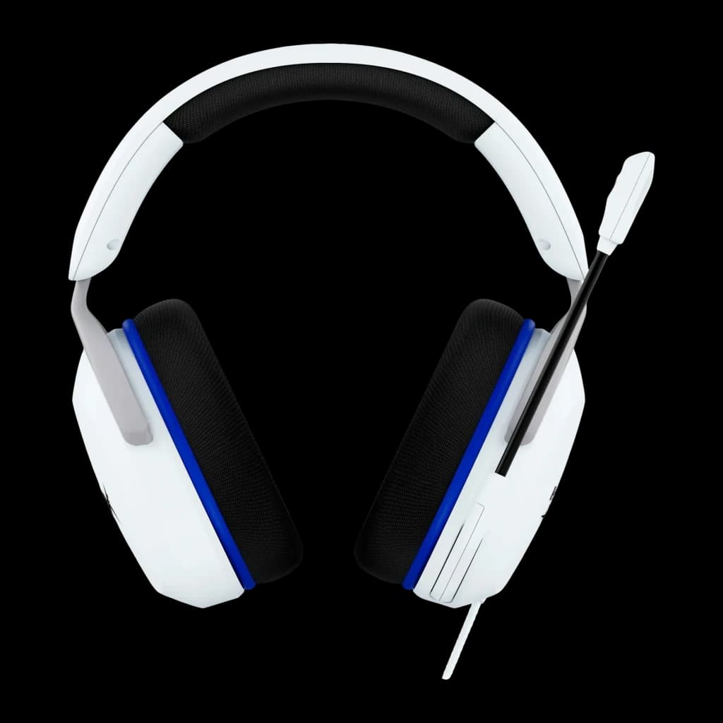 Auriculares Gaming HyperX Cloud Stinger 2 Core Micrófono Boom, vista frontal: almohadillas negras, aro blanco con franja