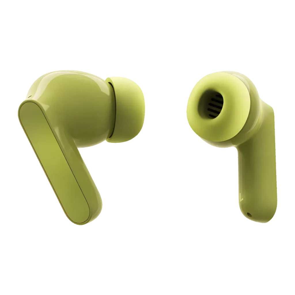 Auriculares Motorola Moto Buds PG38C05790 Cancelación de Ruido Activa verdes, vista frontal y trasera: dos auriculares