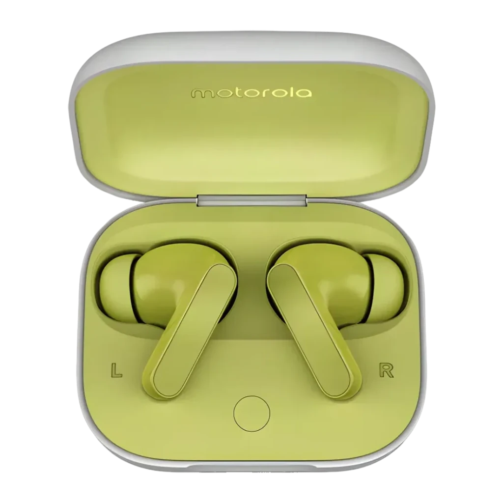 Auriculares Motorola Moto Buds PG38C05790 Cancelación de Ruido Activa, vista superior: estuche abierto verde lima