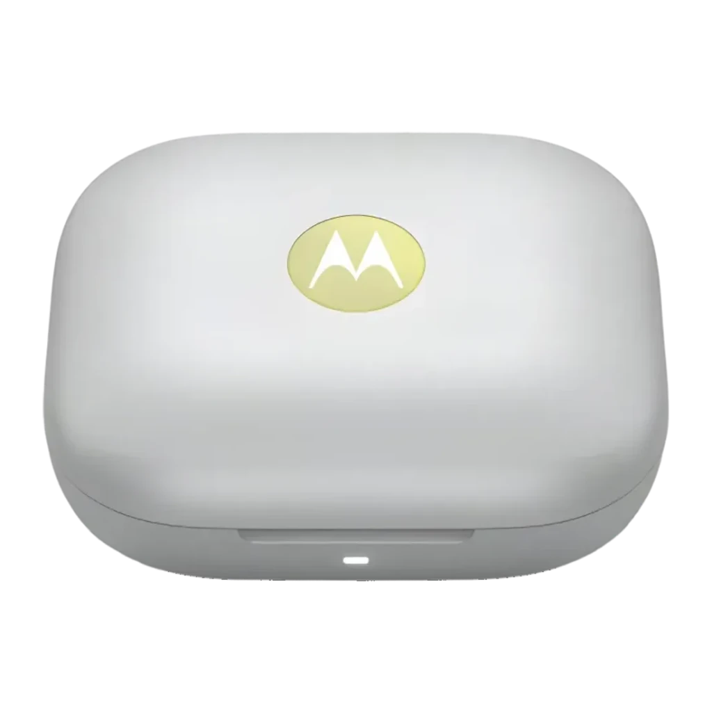 Auriculares Motorola Moto Buds PG38C05790 Cancelación de Ruido Activa, vista frontal: estuche cerrado blanco con logo