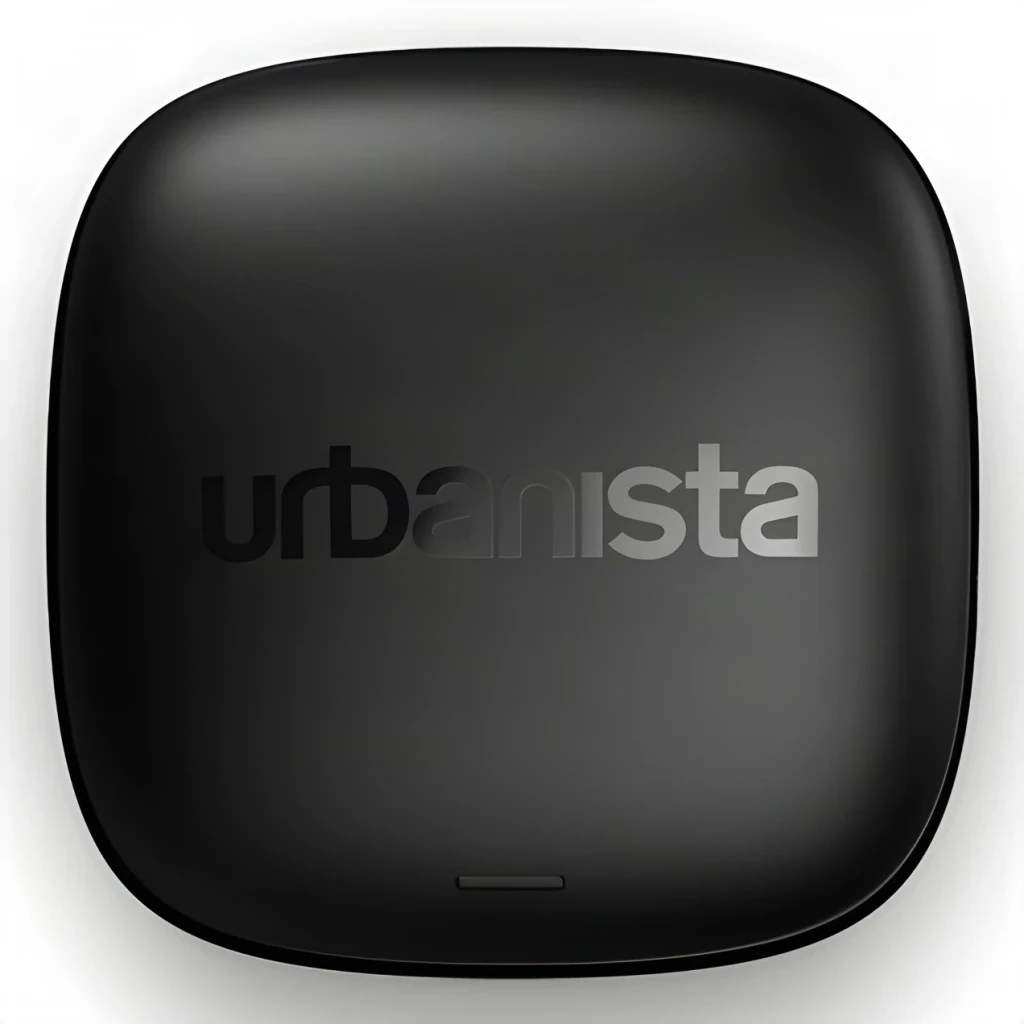 Écouteurs Urbanista Porto TWS In-Ear Bluetooth 5.4 27h (6h + étui), vue dessus: étui noir fermé avec logo Urbanista