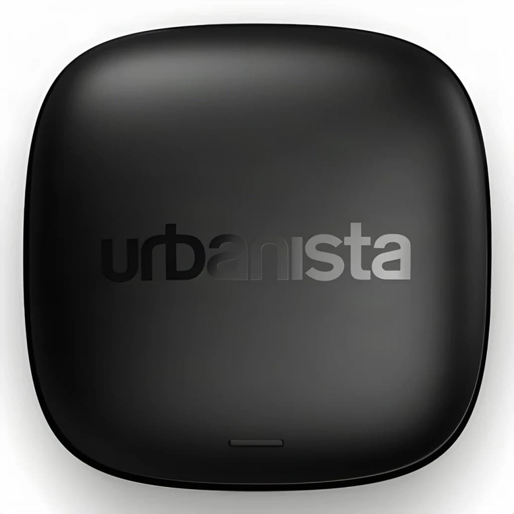 Auriculares Urbanista Porto TWS In-Ear Bluetooth 5.4 27h (6h + estuche), vista superior: estuche negro cerrado con logo