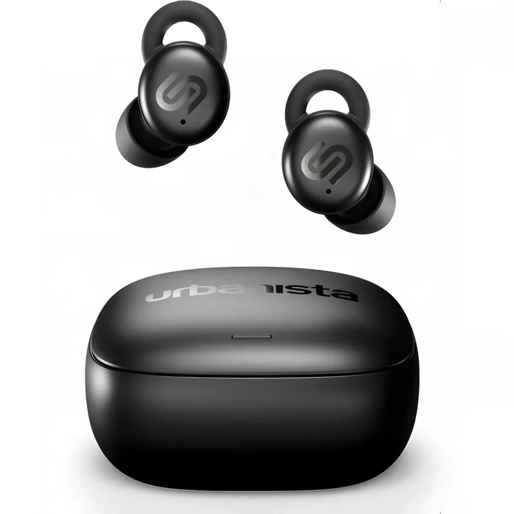 Écouteurs Urbanista Porto TWS In-Ear Bluetooth 5.4 27h (6h + étui), en utilisation: deux écouteurs noirs flottant au-dessus