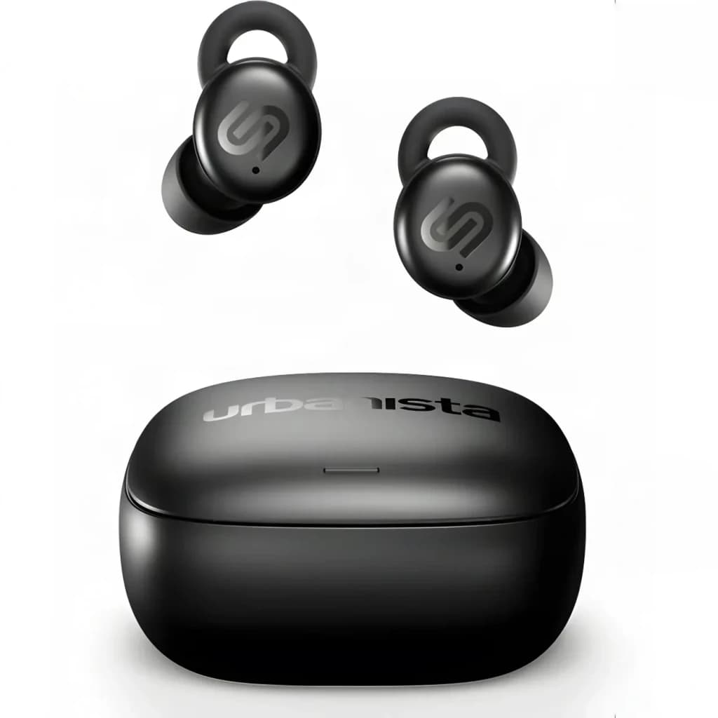 Auriculares Urbanista Porto TWS In-Ear Bluetooth 5.4 27h (6h + estuche), en uso: dos earbuds negros flotando sobre estuche